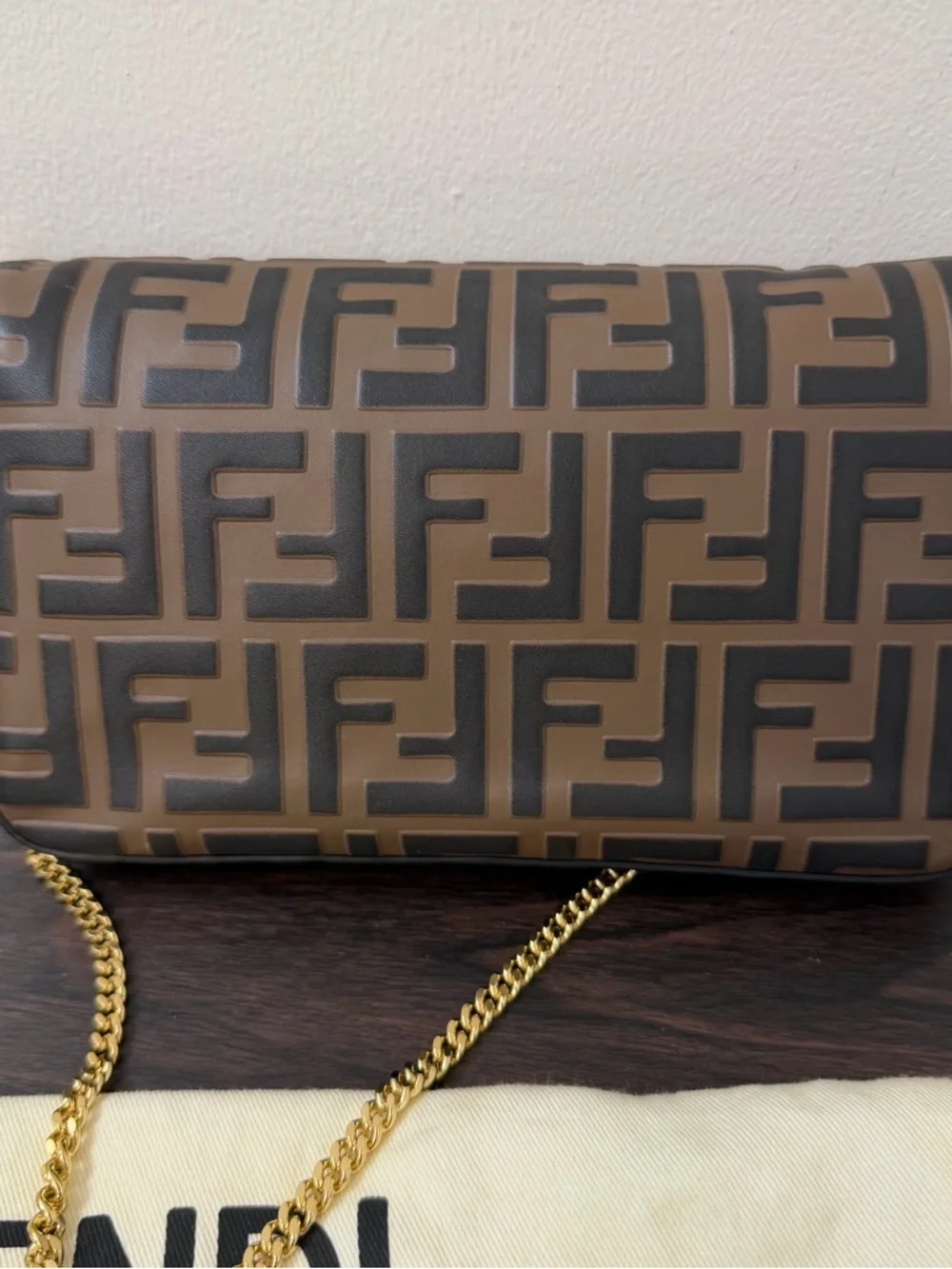 Fendi FF Zucca Wallet on Chain Brown Bicolor Gold Chain WOC 8BS032 - Picture 10 of 14